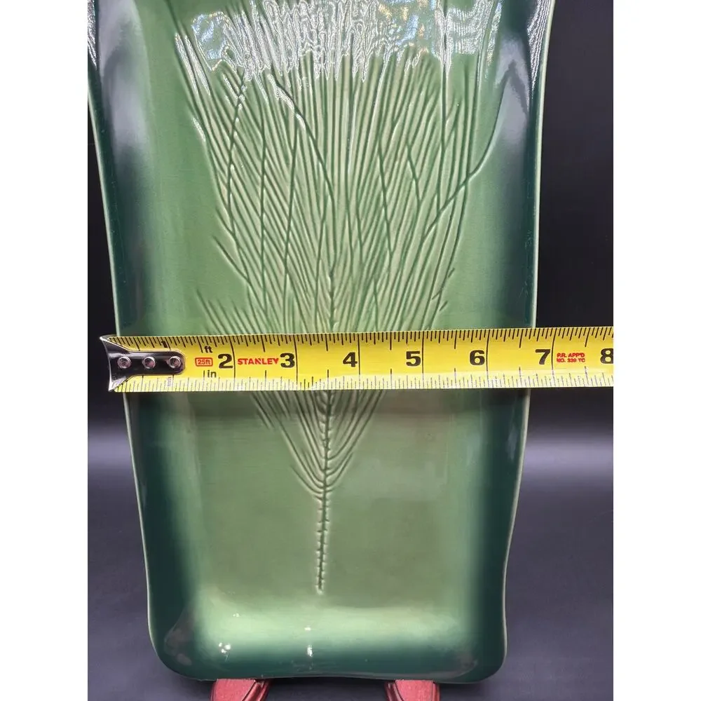 Vintage Kay Wayne Signed Green Ceramic Serving Platter Pine Needle Embossed Tray